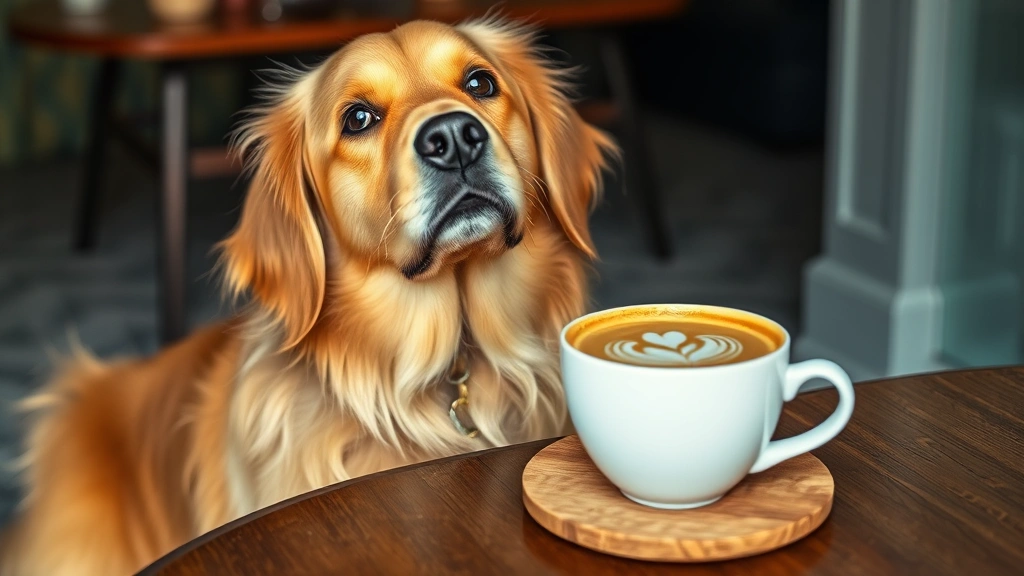 Golden retriever sitting attentively near a table with a matcha latte cup, looking up with curious expression