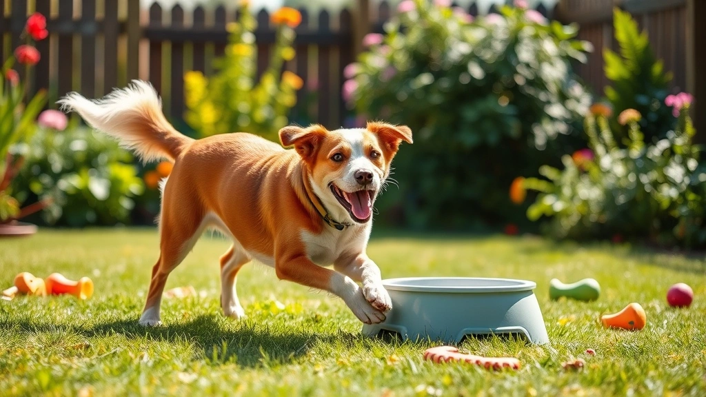 Happy dog playing in a sunny garden with water bowl and dog toys scattered around, tail wagging