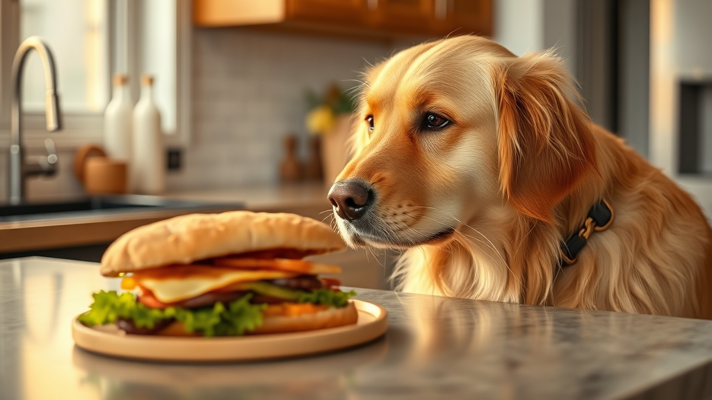 Golden retriever looking curiously at sandwich on kitchen counter, warm lighting, no text no words no letters