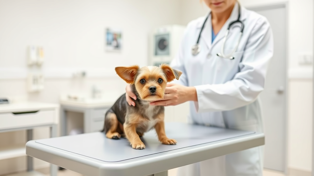 Veterinarian examining small dog on examination table in bright clinic, professional setting, no text no words no letters