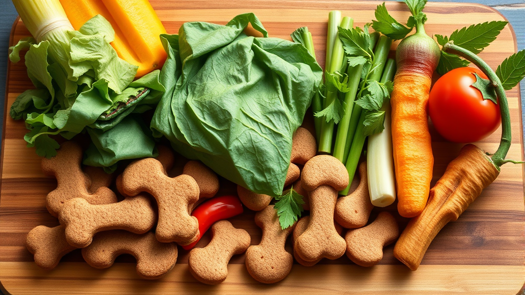 Healthy dog treats and fresh vegetables arranged on wooden cutting board, natural lighting, no text no words no letters