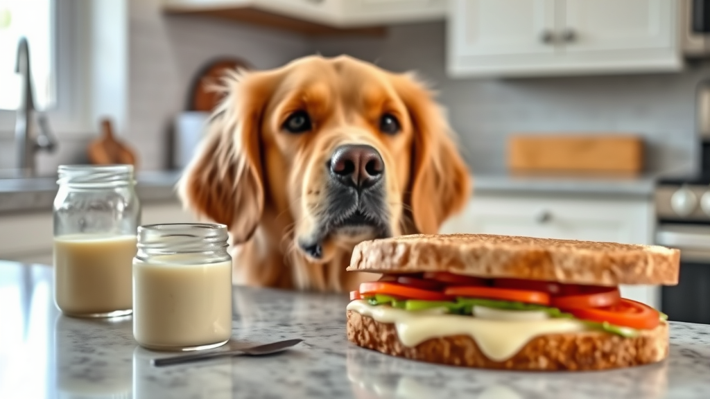 Golden retriever looking curiously at sandwich with mayonnaise jar nearby on kitchen counter, no text no words no letters