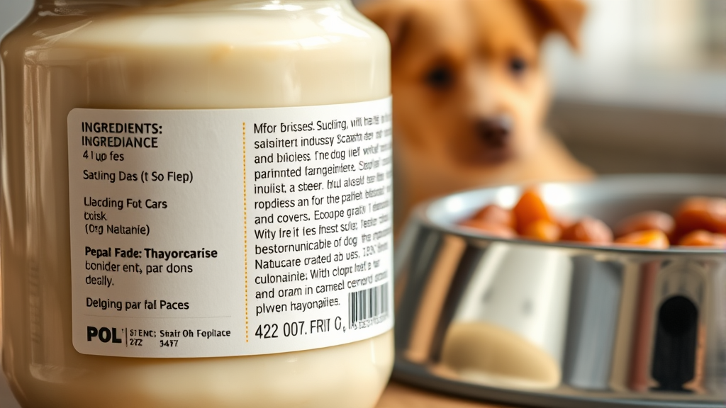 Close up of mayonnaise jar ingredients label next to dog food bowl, natural lighting, no text no words no letters
