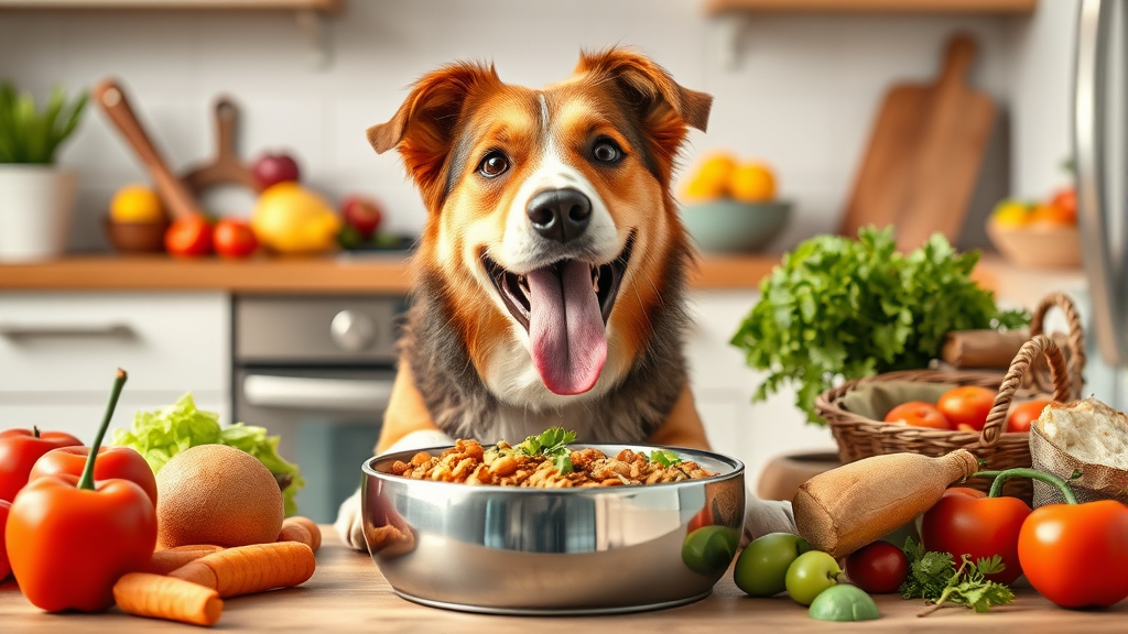 Happy healthy dog eating from bowl with fresh ingredients around, bright kitchen setting, no text no words no letters