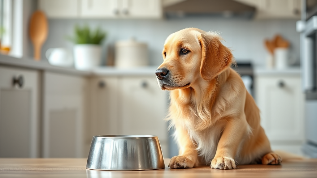 Golden retriever sitting next to milk bowl looking curious, bright kitchen background, natural lighting, no text no words no letters