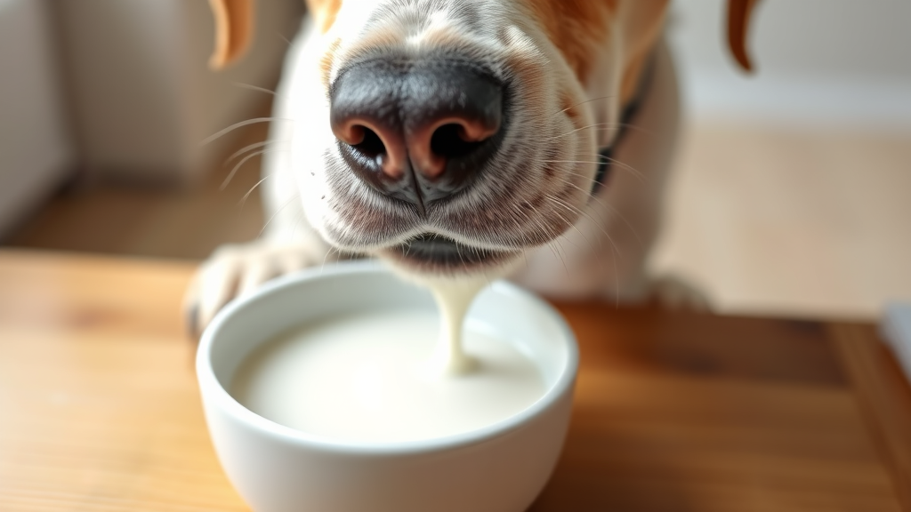 Close up dog nose sniffing white milk in ceramic bowl, wooden table surface, soft focus background, no text no words no letters