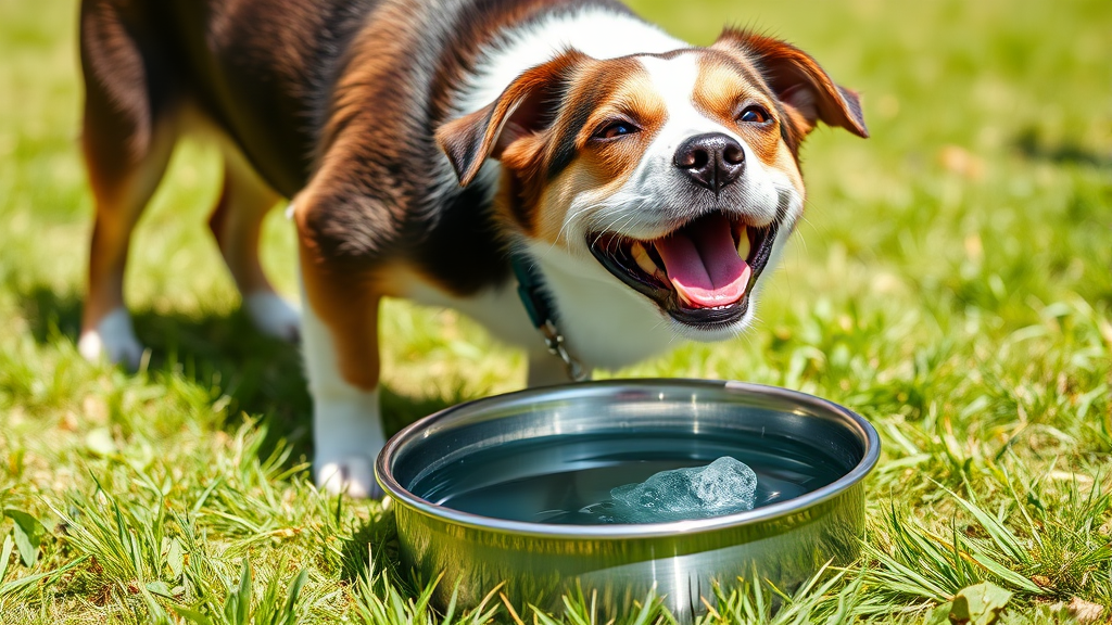Happy healthy dog drinking fresh water from stainless steel bowl, outdoor grass setting, sunny day, no text no words no letters