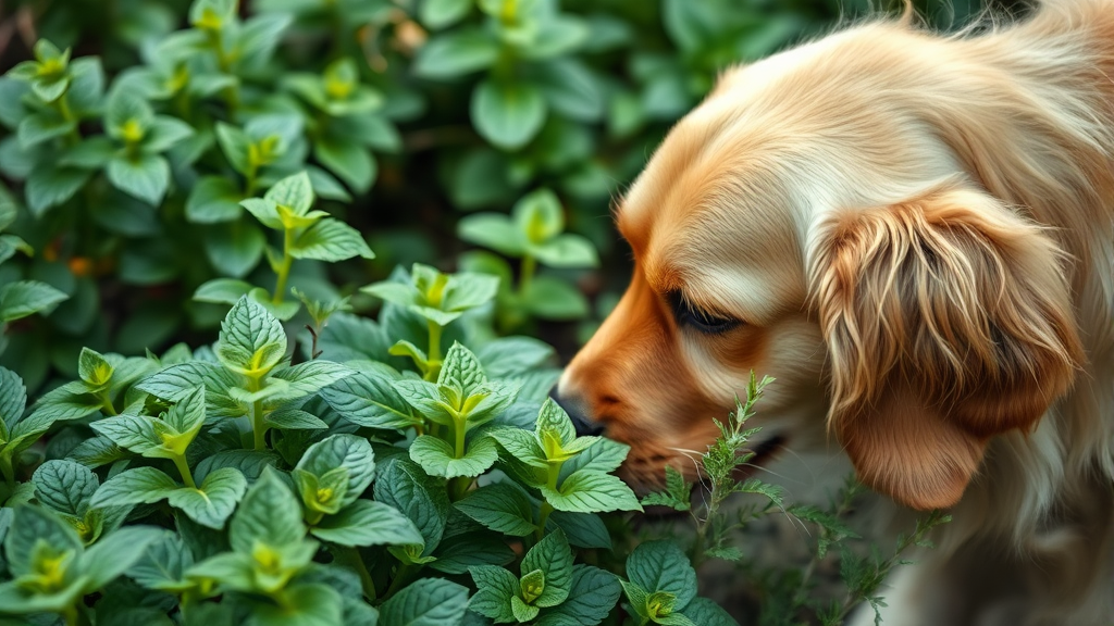 Fresh mint leaves in garden with curious golden retriever sniffing herbs, natural lighting, no text no words no letters