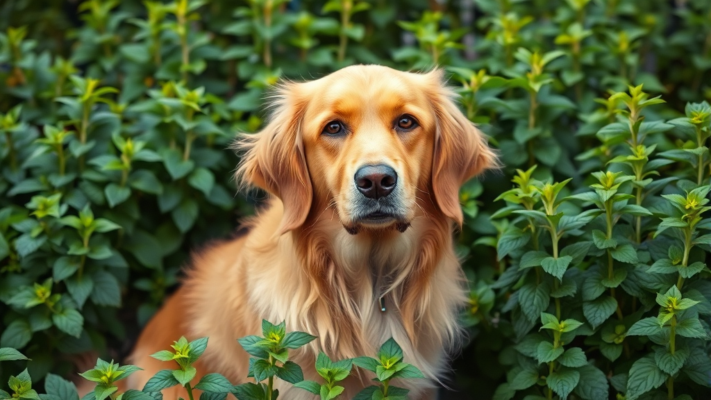 Golden retriever sitting next to fresh mint plants in garden setting, natural lighting, green foliage background, no text no words no letters