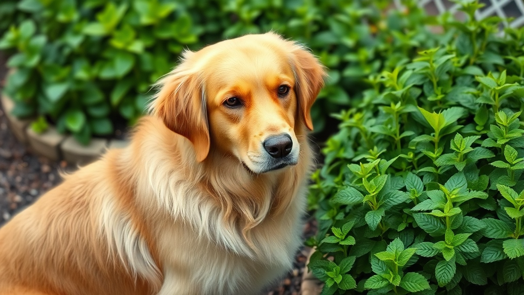 Golden retriever dog sitting next to fresh green mint plants in garden setting no text no words no letters