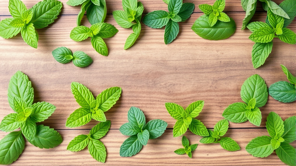 Various mint leaves arranged on wooden surface showing different mint varieties, detailed botanical photography, natural colors, no text no words no letters