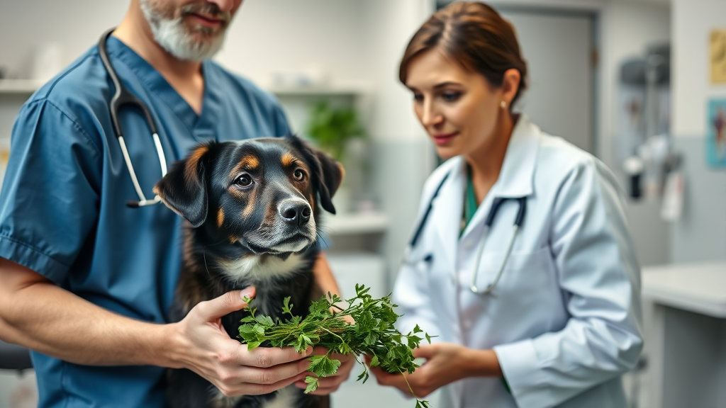 Concerned dog owner holding fresh herbs while consulting with veterinarian in clinic, professional medical setting, caring atmosphere, no text no words no letters