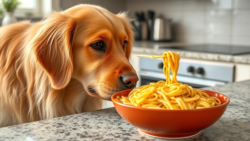 Golden retriever looking curiously at bowl of plain cooked noodles on kitchen counter, no text no words no letters