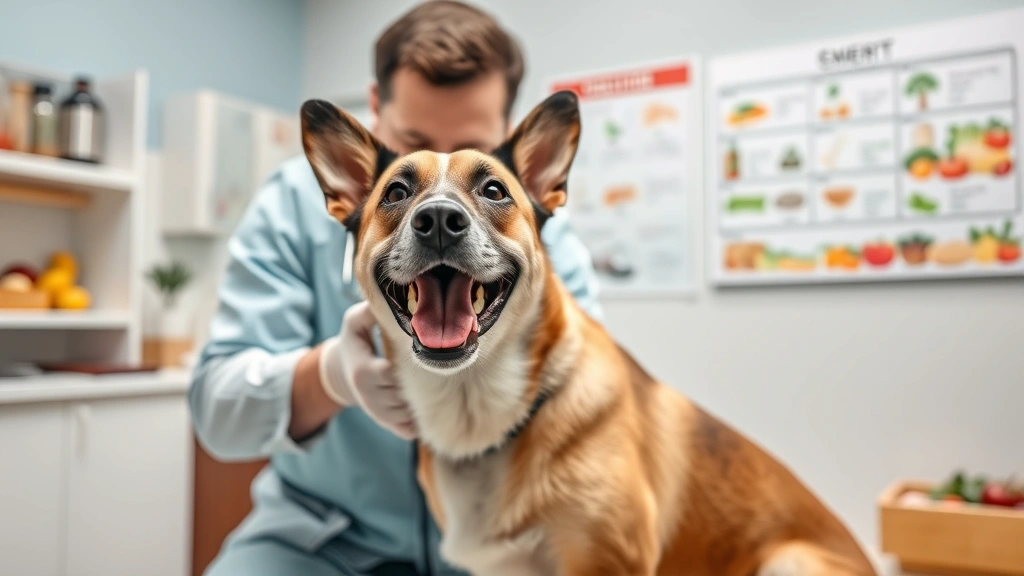 Veterinarian examining happy dog in clinic with healthy food chart visible, no text no words no letters