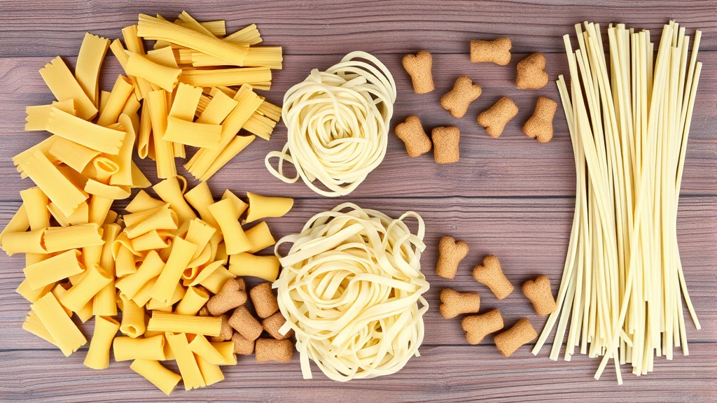 Various types of uncooked pasta and noodles arranged on wooden surface with dog treats, no text no words no letters