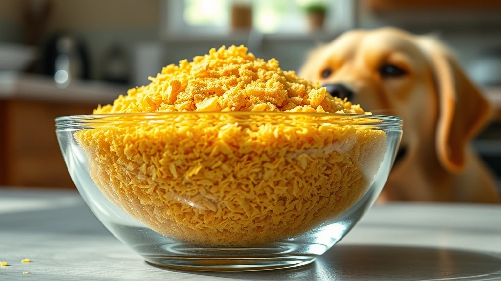 Close-up of golden nutritional yeast flakes in a clear glass bowl, with a happy golden retriever looking at the bowl from the side, natural kitchen lighting