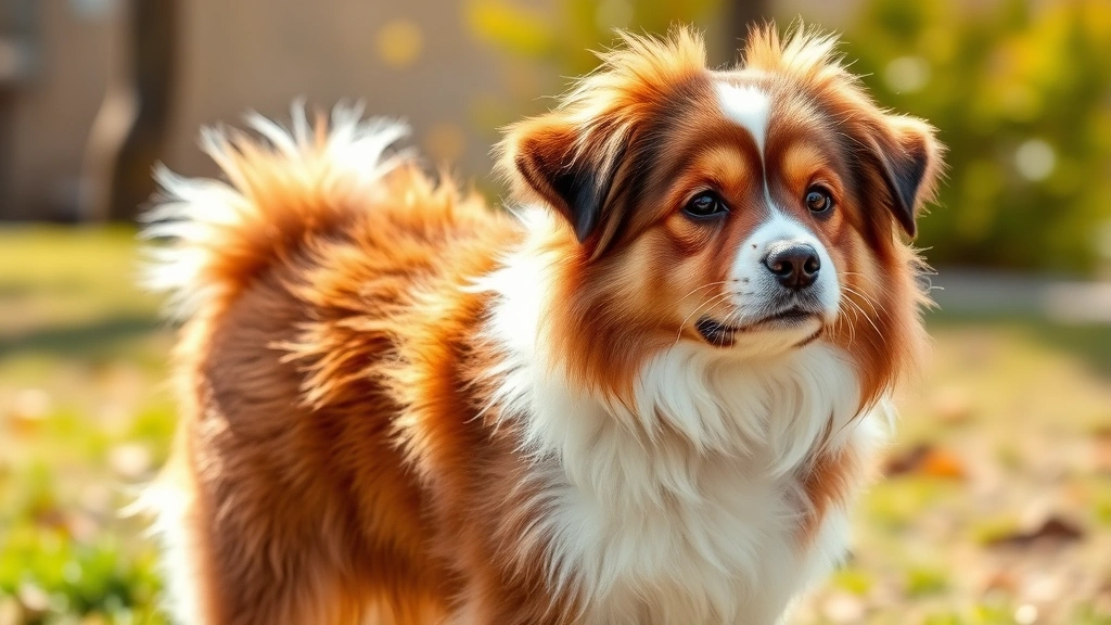 Fluffy brown and white dog with shiny coat standing outdoors in sunlight, demonstrating healthy skin and fur from proper nutrition and supplements