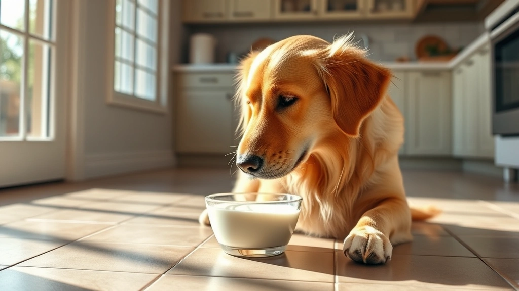 Golden retriever happily drinking from a small bowl of oat milk, sitting on a kitchen tile floor with natural sunlight streaming through windows, photorealistic style