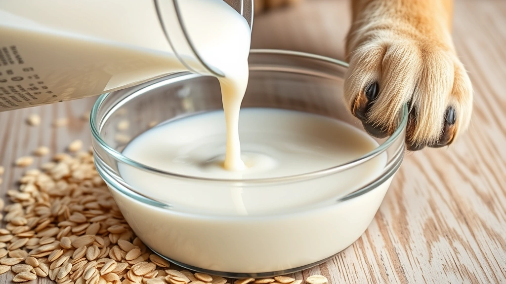 Close-up of oat milk being poured into a clear glass bowl next to fresh oats and a dog's paw gently reaching toward the bowl, photorealistic style