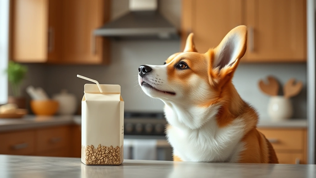 Adorable corgi looking up at oat milk carton on kitchen counter with curious expression, warm home kitchen setting with wooden cabinets, photorealistic style