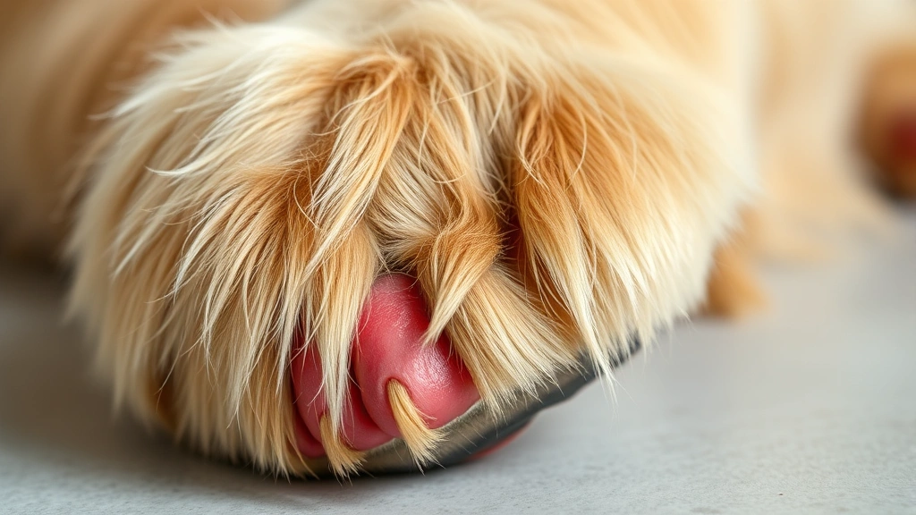 Close-up of a golden retriever's paw with visible redness and fur loss from excessive licking, gentle and clinical, daylight natural lighting