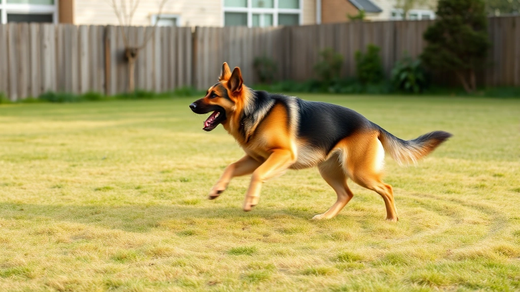 German Shepherd spinning in a circle on a grassy backyard, mid-motion showing the compulsive behavior, outdoor natural setting with soft shadows