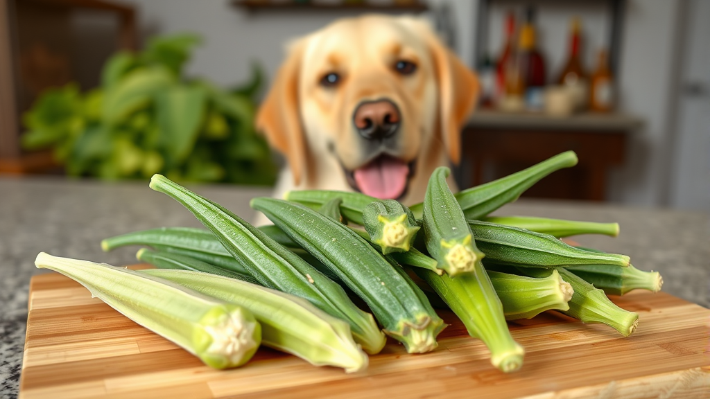 Fresh green okra pods on wooden cutting board with friendly golden retriever in background, no text, no words, no letters