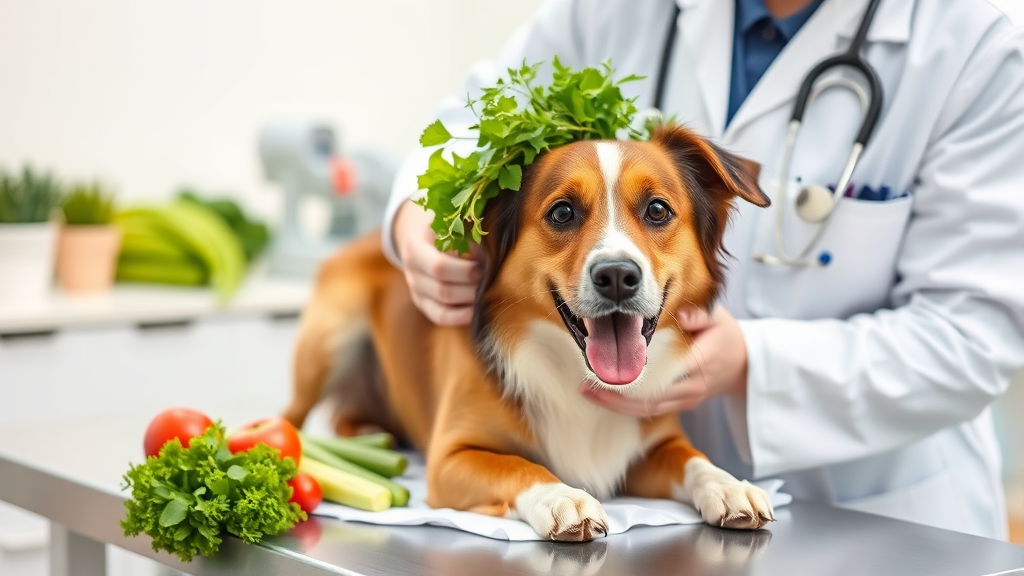 Veterinarian examining healthy dog with fresh vegetables on examination table, professional clinic setting, no text, no words, no letters