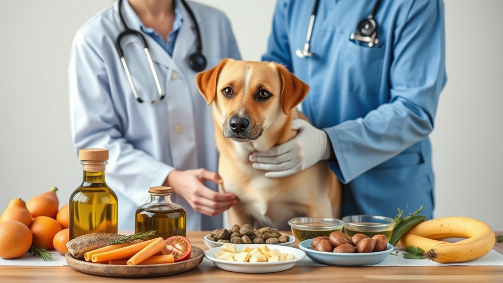 Veterinarian examining dog while olive oil and healthy foods arranged on table, professional setting, no text no words no letters