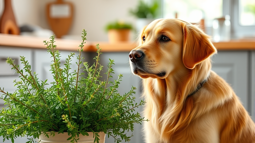 Golden retriever sitting next to fresh green oregano plant in bright kitchen setting no text no words no letters