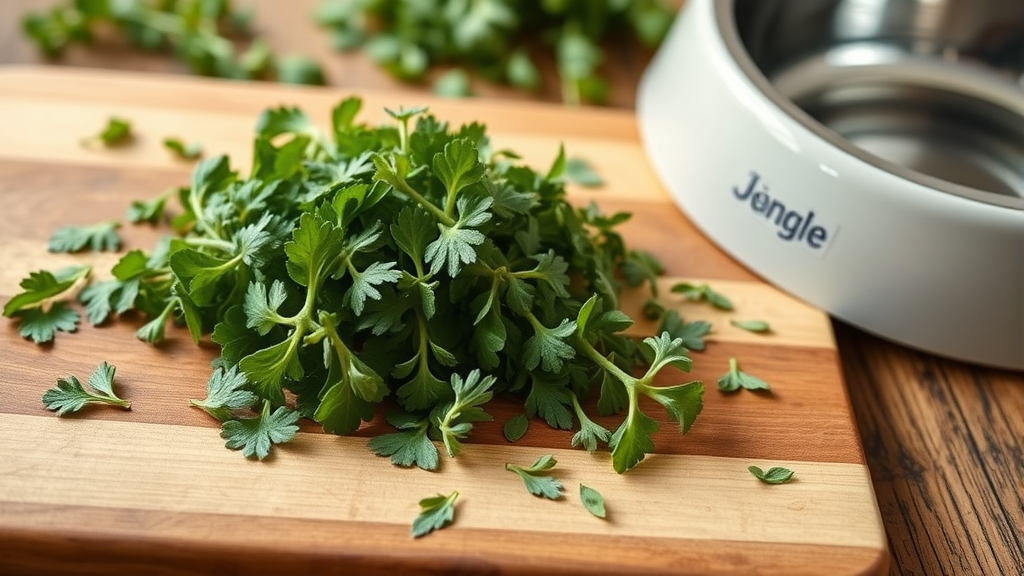 Close up fresh oregano leaves scattered on wooden cutting board with dog bowl nearby no text no words no letters