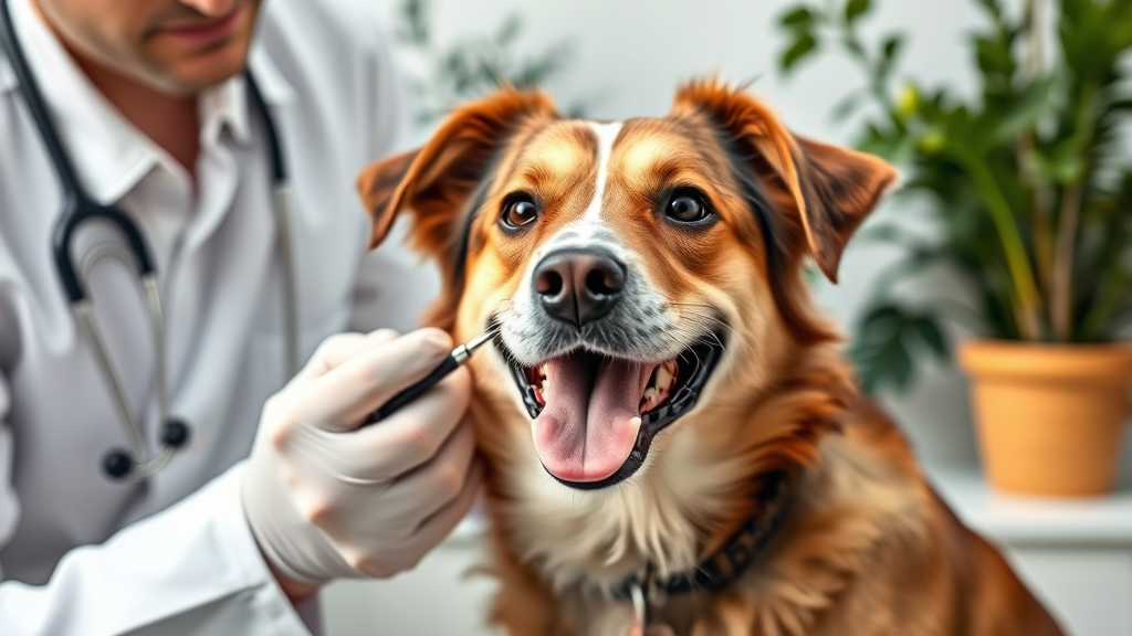 Veterinarian examining happy dog with herbs and plants in background no text no words no letters