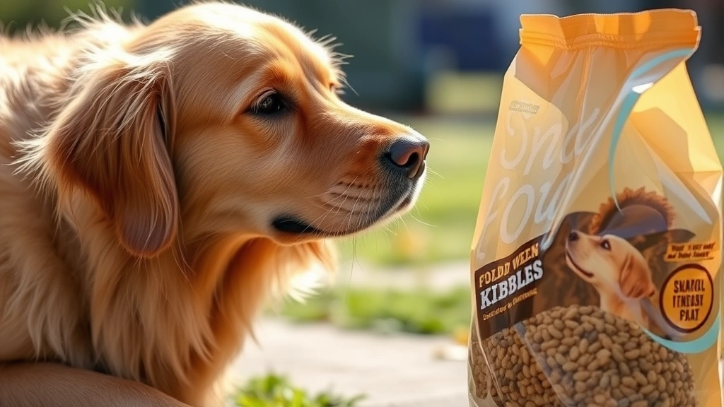 Golden Retriever sniffing a bag of dog food kibble, curious expression, bright natural lighting, outdoor setting