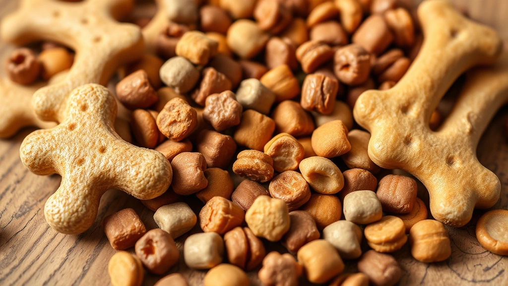 Close-up of various dog treats and kibble arranged on a wooden surface, showing texture and ingredients, warm daylight