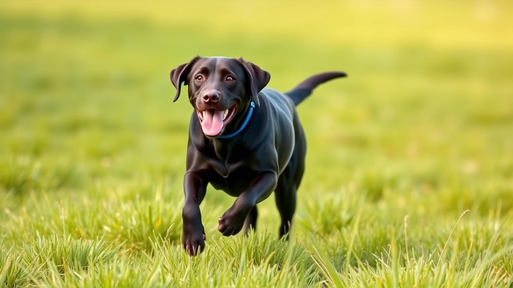 Happy Labrador with glossy, healthy coat running through a grassy field, vibrant and energetic, professional photography