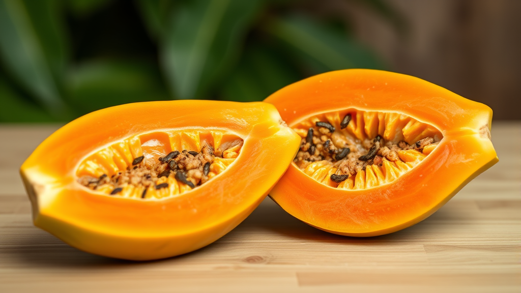 Fresh ripe papaya cut in half showing orange flesh, tropical fruit, healthy dog treat, no text no words no letters