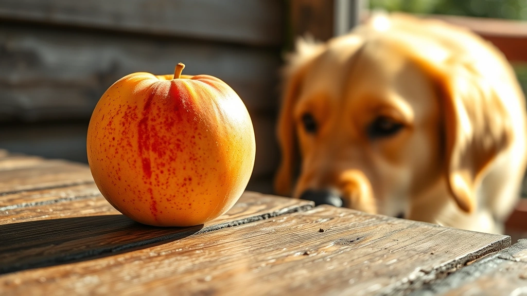 Golden ripe peach on a rustic wooden table with a happy golden retriever sniffing nearby in natural sunlight, shallow depth of field