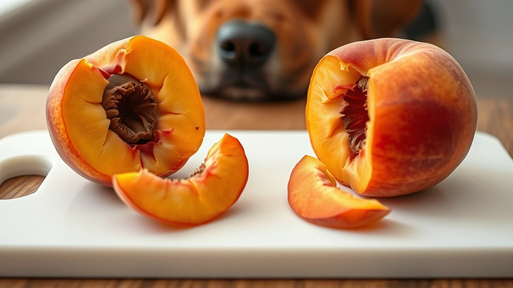 Close-up of fresh peach pit removed and placed separately from peach flesh on a clean white cutting board with dog watching attentively