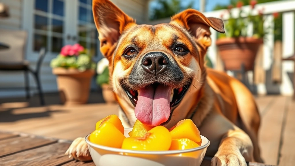 Medium-sized dog enjoying small frozen peach pieces from a bowl on a sunny patio during summer afternoon, tongue out happily