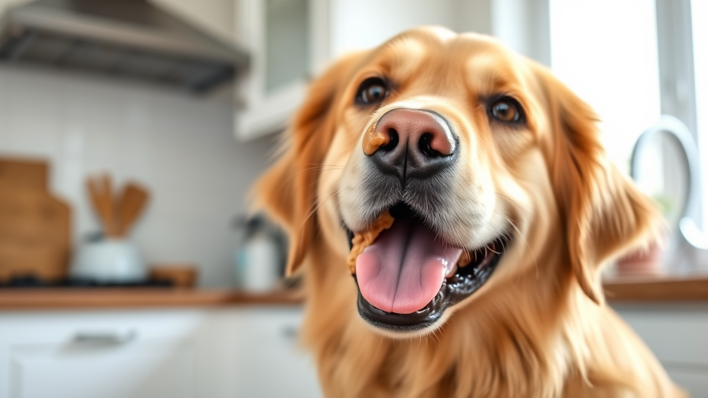Happy golden retriever dog with peanut butter on nose, kitchen background, natural lighting, no text no words no letters