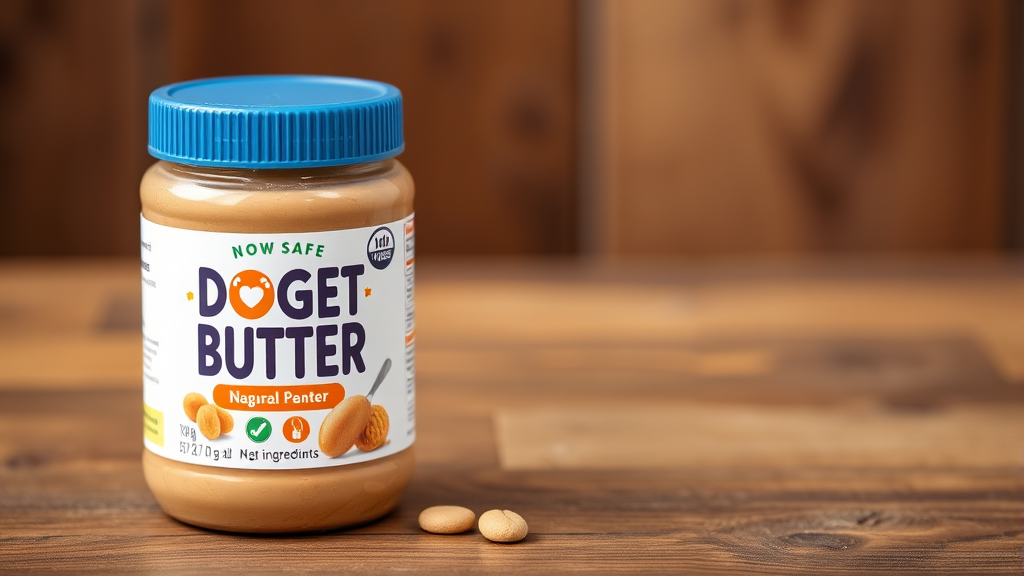 Dog-safe peanut butter jar with natural ingredients label, wooden table surface, healthy treat concept, no text no words no letters