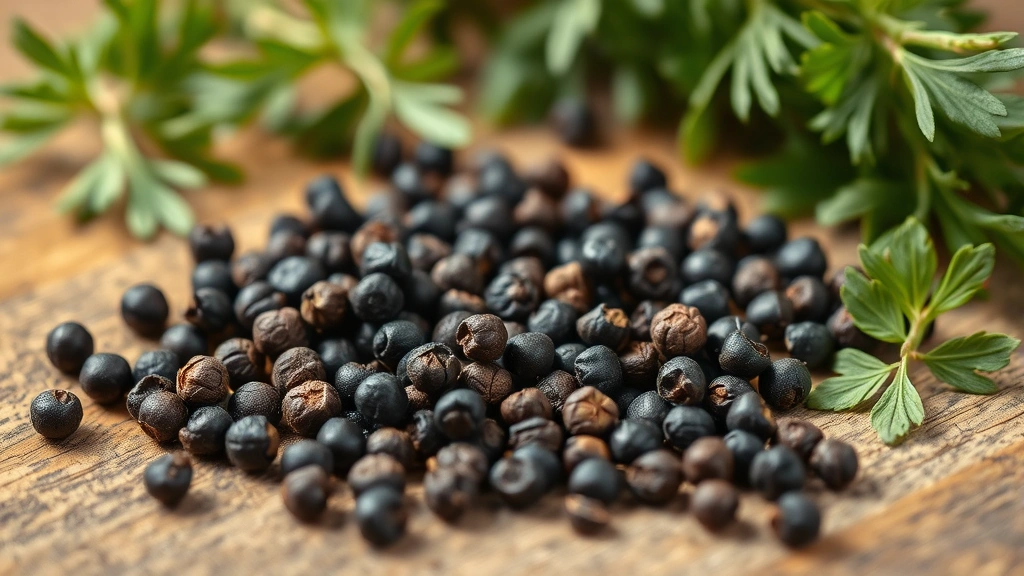 Close-up of black peppercorns scattered on a wooden surface with fresh herbs nearby, natural daylight photography