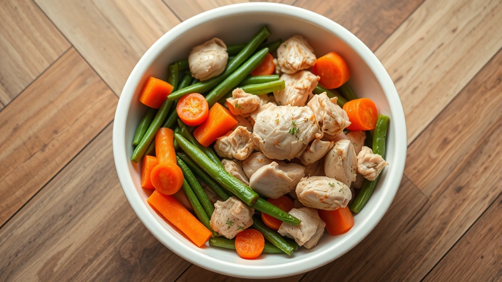 Healthy dog bowl filled with plain cooked chicken, carrots, and green beans, photographed from above on a kitchen floor