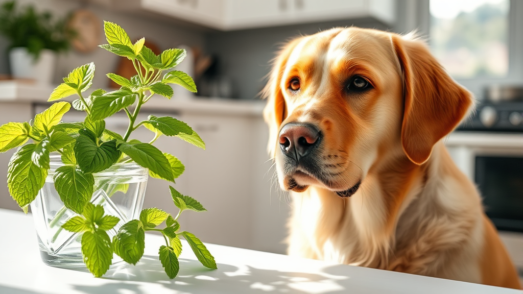 Fresh peppermint leaves next to concerned golden retriever dog in bright kitchen setting no text no words no letters