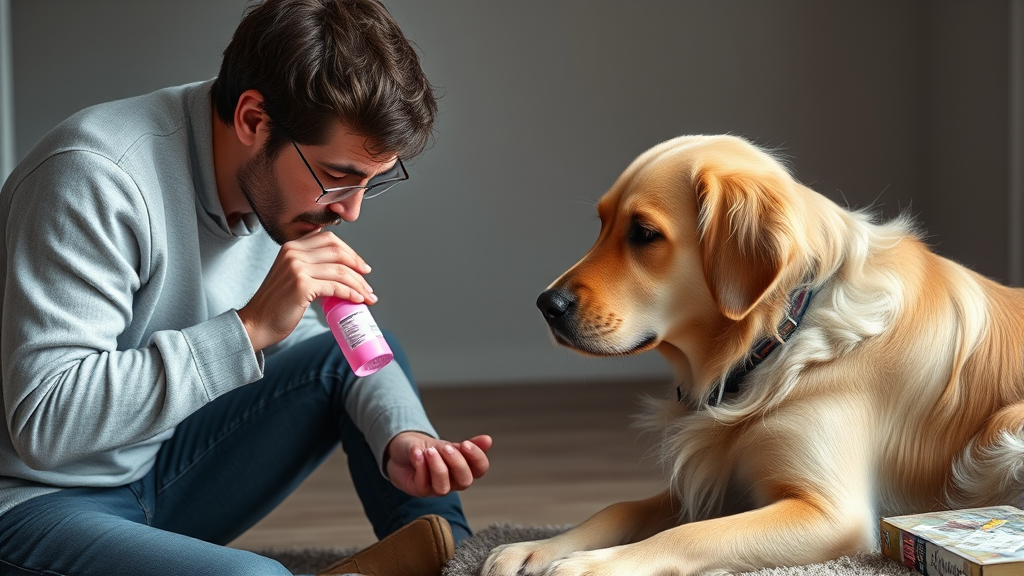 Concerned dog owner examining pink medicine bottle while golden retriever sits nearby looking unwell, no text no words no letters