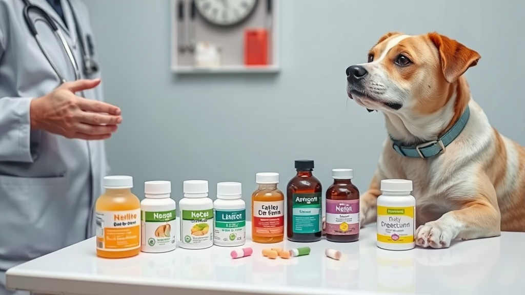 Veterinarian explaining medication safety to pet owner with various dog-safe digestive remedies displayed on examination table, no text no words no letters