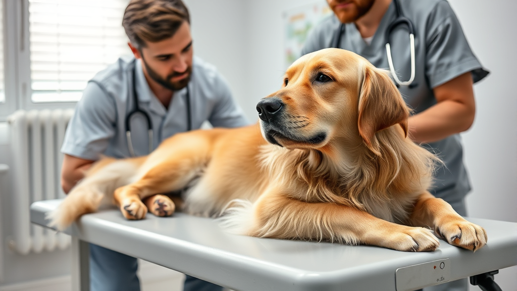 Golden retriever lying on veterinary examination table with concerned owner and veterinarian discussing treatment options, no text no words no letters