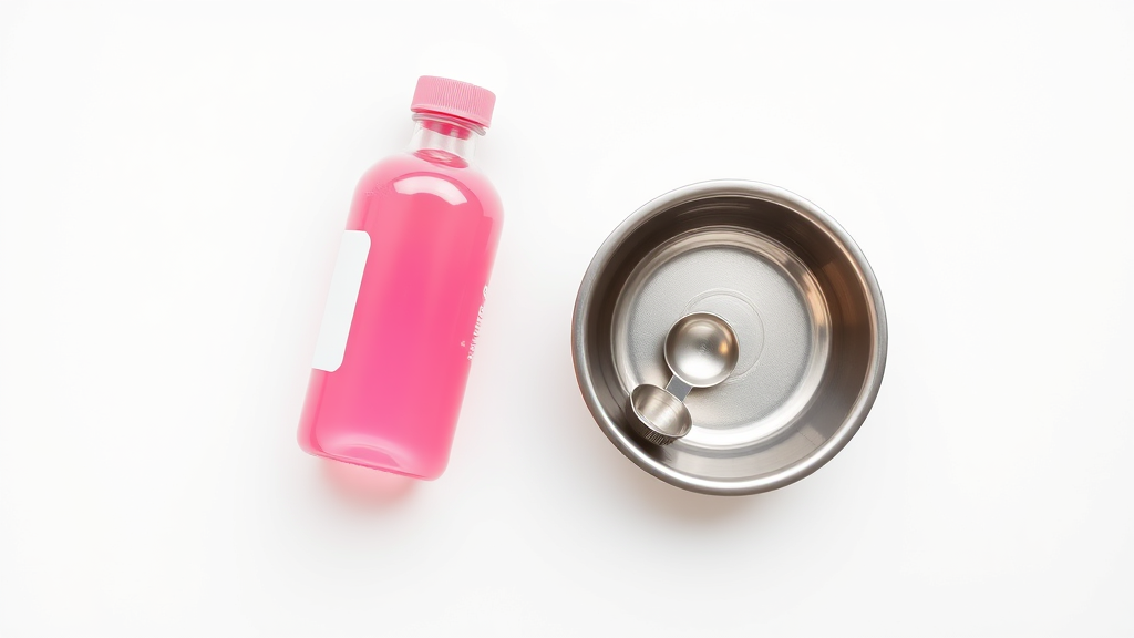 Pink liquid medicine bottle next to small dog bowl with measuring spoon on white background, no text no words no letters