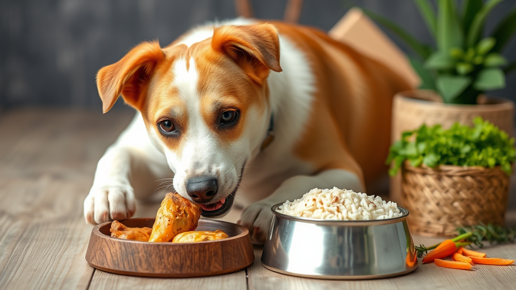 Happy healthy dog eating from food bowl with fresh ingredients like chicken and rice nearby, no text no words no letters