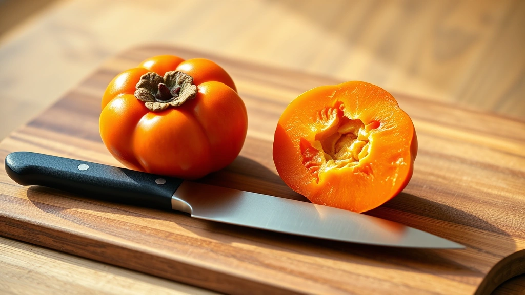 Ripe persimmons on a wooden cutting board with a knife, showing the vibrant orange flesh and deep color indicating ripeness, soft natural lighting